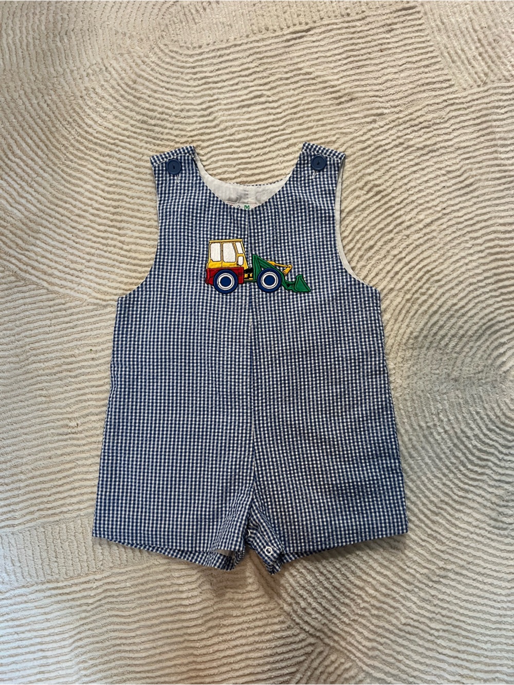 Blue Checked Kids Romper with Tractor Appliqué